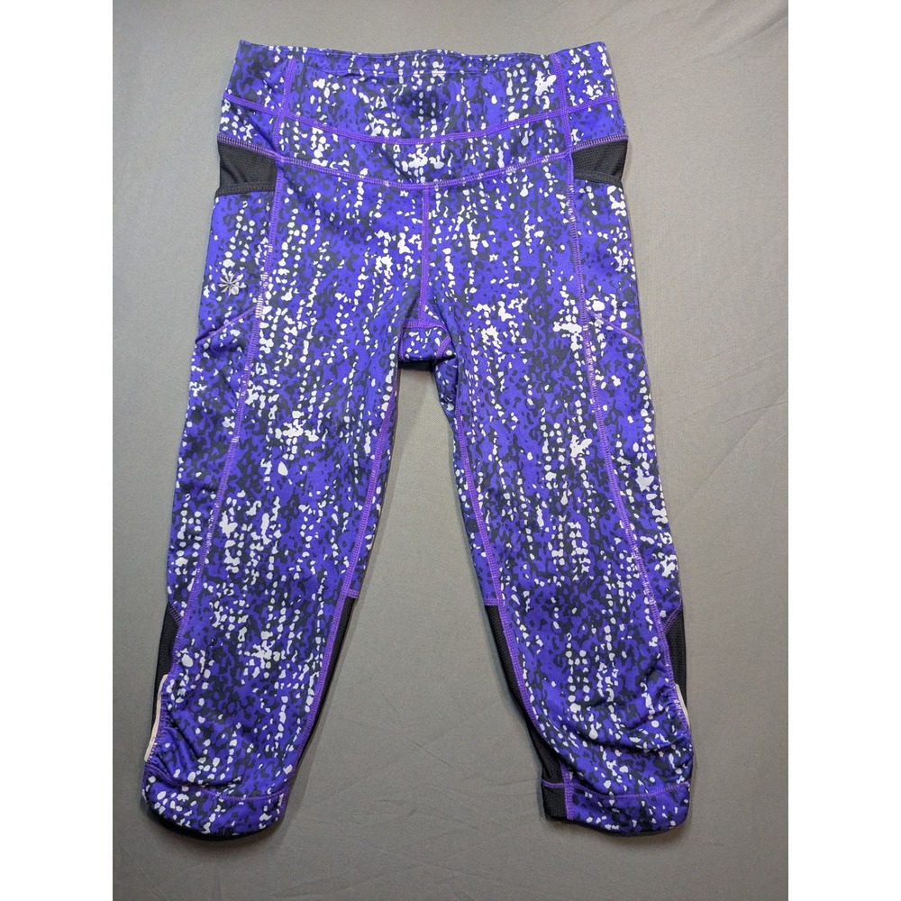 Athleta Womens XS Purple Abstract Print Mesh Panel Cropped Leggings Pockets